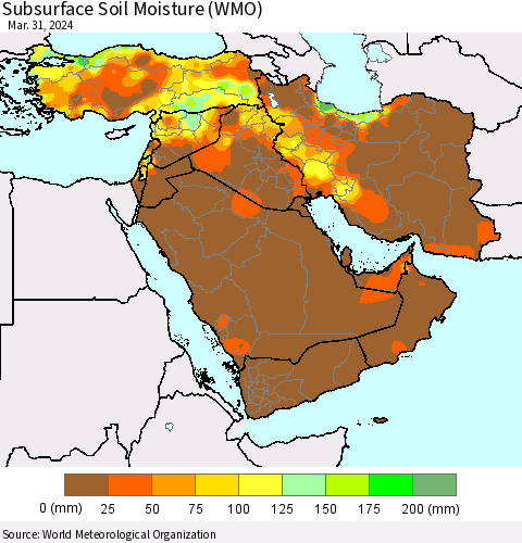 Middle East and Turkey Subsurface Soil Moisture (WMO) Thematic Map For 3/25/2024 - 3/31/2024