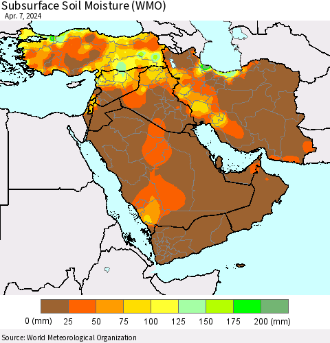Middle East and Turkey Subsurface Soil Moisture (WMO) Thematic Map For 4/1/2024 - 4/7/2024