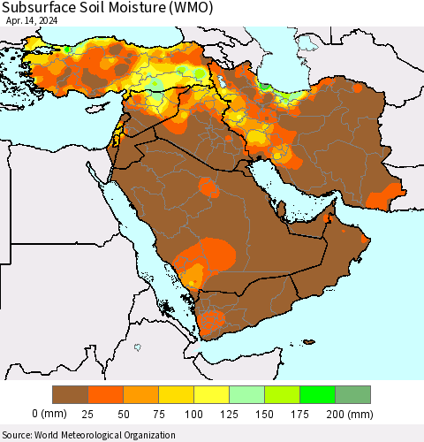 Middle East and Turkey Subsurface Soil Moisture (WMO) Thematic Map For 4/8/2024 - 4/14/2024