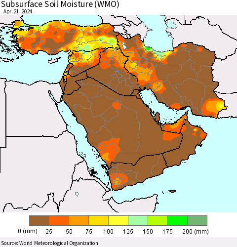 Middle East and Turkey Subsurface Soil Moisture (WMO) Thematic Map For 4/15/2024 - 4/21/2024