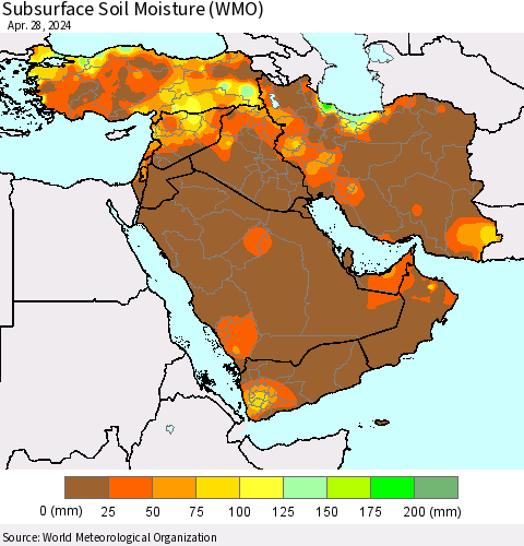 Middle East and Turkey Subsurface Soil Moisture (WMO) Thematic Map For 4/22/2024 - 4/28/2024