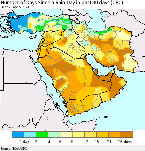 Middle East and Turkey Number of Days Since a Rain Day in past 30 days (CPC) Thematic Map For 4/1/2023 - 4/5/2023