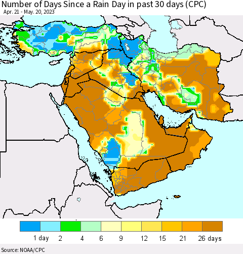 Middle East and Turkey Number of Days Since a Rain Day in past 30 days (CPC) Thematic Map For 5/16/2023 - 5/20/2023