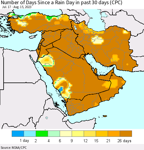 Middle East and Turkey Number of Days Since a Rain Day in past 30 days (CPC) Thematic Map For 8/11/2023 - 8/15/2023
