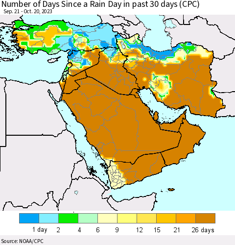 Middle East and Turkey Number of Days Since a Rain Day in past 30 days (CPC) Thematic Map For 10/16/2023 - 10/20/2023
