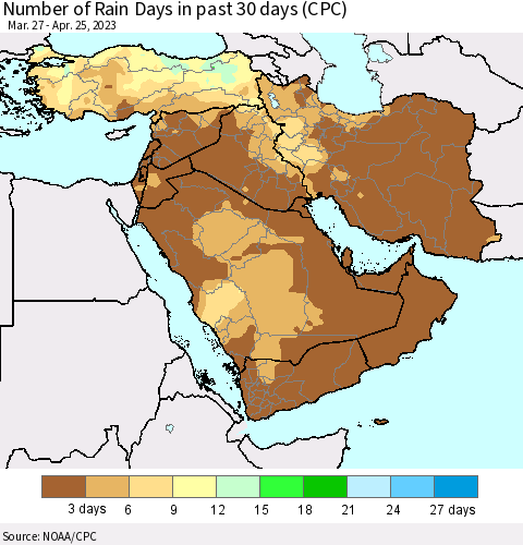 Middle East and Turkey Number of Rain Days in past 30 days (CPC) Thematic Map For 4/21/2023 - 4/25/2023