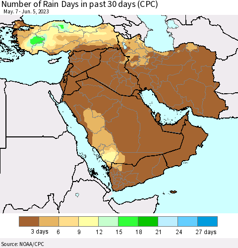 Middle East and Turkey Number of Rain Days in past 30 days (CPC) Thematic Map For 6/1/2023 - 6/5/2023