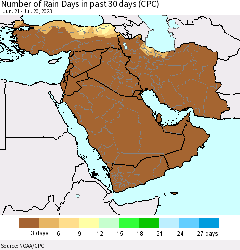 Middle East and Turkey Number of Rain Days in past 30 days (CPC) Thematic Map For 7/16/2023 - 7/20/2023