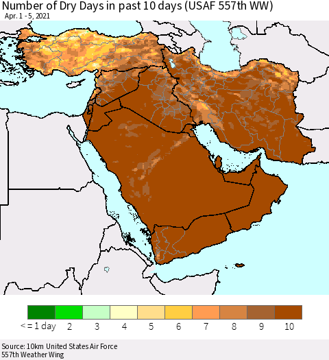 Middle East and Turkey Number of Dry Days in past 10 days (USAF 557th WW) Thematic Map For 4/1/2021 - 4/5/2021