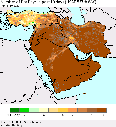 Middle East and Turkey Number of Dry Days in past 10 days (USAF 557th WW) Thematic Map For 4/6/2021 - 4/10/2021