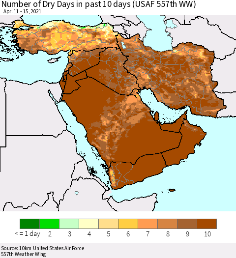 Middle East and Turkey Number of Dry Days in past 10 days (USAF 557th WW) Thematic Map For 4/11/2021 - 4/15/2021
