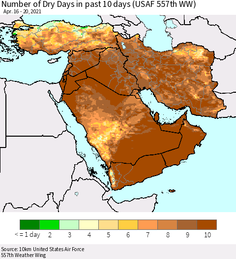 Middle East and Turkey Number of Dry Days in past 10 days (USAF 557th WW) Thematic Map For 4/16/2021 - 4/20/2021
