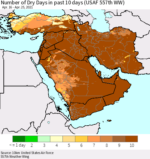 Middle East and Turkey Number of Dry Days in past 10 days (USAF 557th WW) Thematic Map For 4/21/2021 - 4/25/2021