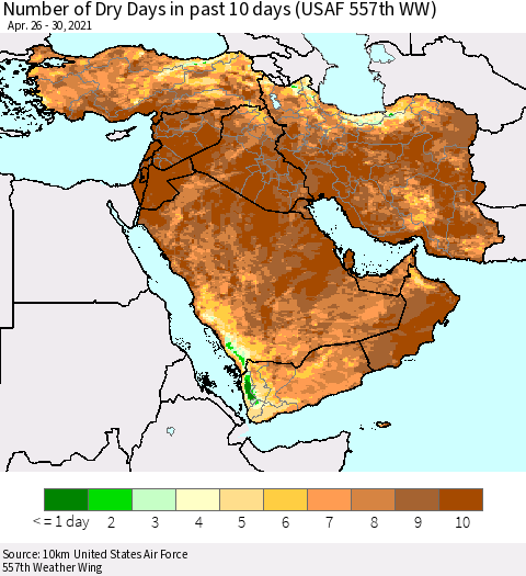 Middle East and Turkey Number of Dry Days in past 10 days (USAF 557th WW) Thematic Map For 4/26/2021 - 4/30/2021
