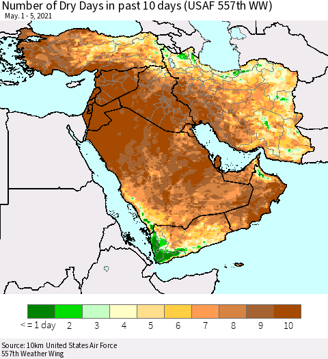 Middle East and Turkey Number of Dry Days in past 10 days (USAF 557th WW) Thematic Map For 5/1/2021 - 5/5/2021