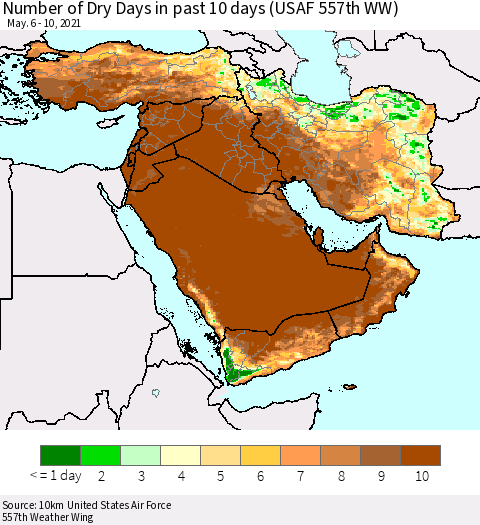 Middle East and Turkey Number of Dry Days in past 10 days (USAF 557th WW) Thematic Map For 5/6/2021 - 5/10/2021