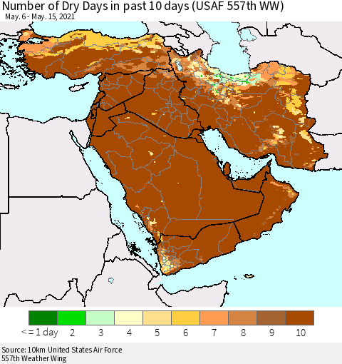 Middle East and Turkey Number of Dry Days in past 10 days (USAF 557th WW) Thematic Map For 5/11/2021 - 5/15/2021