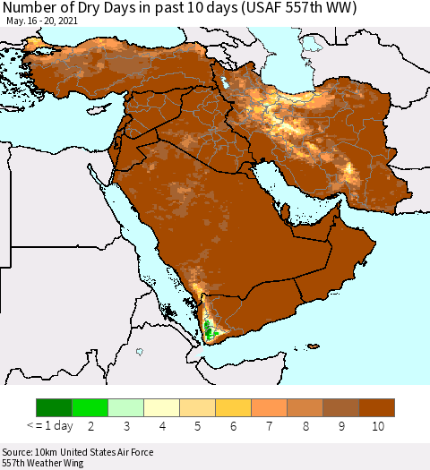 Middle East and Turkey Number of Dry Days in past 10 days (USAF 557th WW) Thematic Map For 5/16/2021 - 5/20/2021