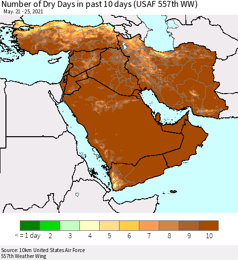 Middle East and Turkey Number of Dry Days in past 10 days (USAF 557th WW) Thematic Map For 5/21/2021 - 5/25/2021