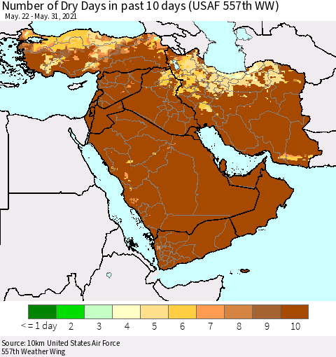 Middle East and Turkey Number of Dry Days in past 10 days (USAF 557th WW) Thematic Map For 5/26/2021 - 5/31/2021