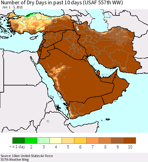 Middle East and Turkey Number of Dry Days in past 10 days (USAF 557th WW) Thematic Map For 6/1/2021 - 6/5/2021