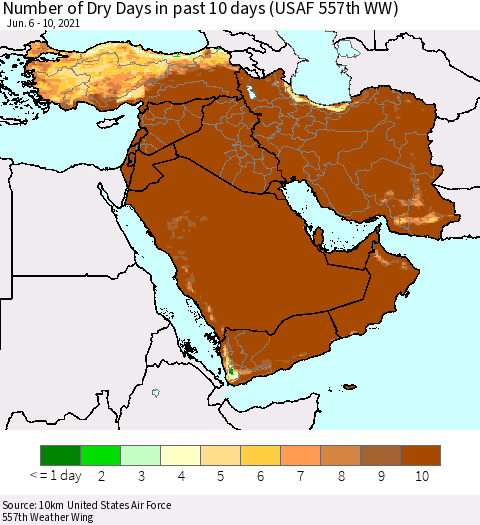 Middle East and Turkey Number of Dry Days in past 10 days (USAF 557th WW) Thematic Map For 6/6/2021 - 6/10/2021