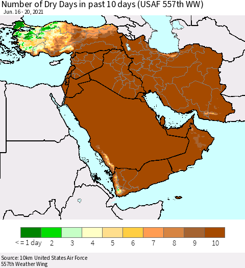 Middle East and Turkey Number of Dry Days in past 10 days (USAF 557th WW) Thematic Map For 6/16/2021 - 6/20/2021