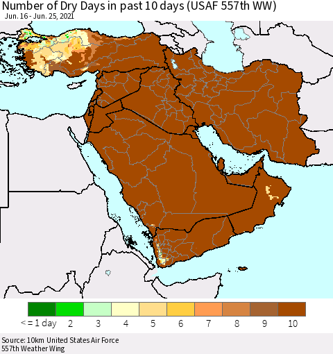Middle East and Turkey Number of Dry Days in past 10 days (USAF 557th WW) Thematic Map For 6/21/2021 - 6/25/2021