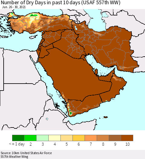 Middle East and Turkey Number of Dry Days in past 10 days (USAF 557th WW) Thematic Map For 6/26/2021 - 6/30/2021