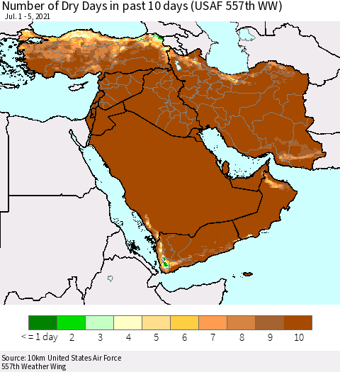 Middle East and Turkey Number of Dry Days in past 10 days (USAF 557th WW) Thematic Map For 7/1/2021 - 7/5/2021