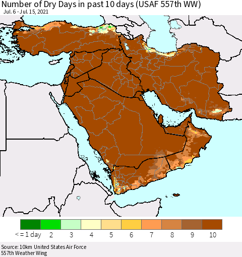 Middle East and Turkey Number of Dry Days in past 10 days (USAF 557th WW) Thematic Map For 7/11/2021 - 7/15/2021