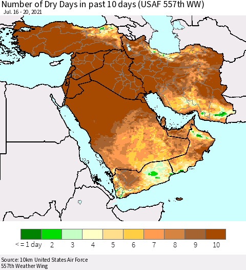 Middle East and Turkey Number of Dry Days in past 10 days (USAF 557th WW) Thematic Map For 7/16/2021 - 7/20/2021