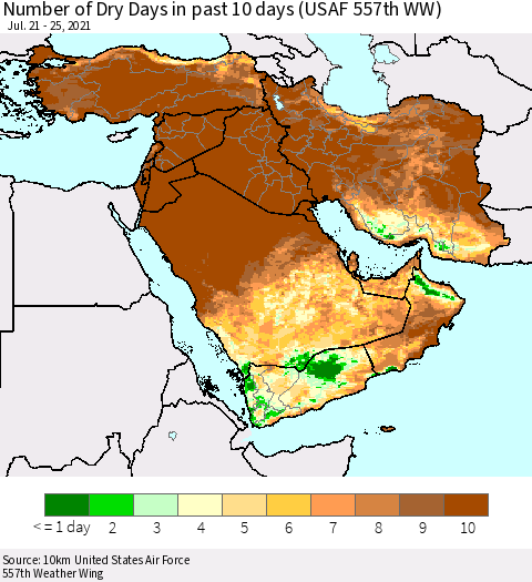 Middle East and Turkey Number of Dry Days in past 10 days (USAF 557th WW) Thematic Map For 7/21/2021 - 7/25/2021