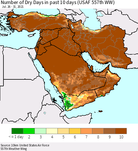 Middle East and Turkey Number of Dry Days in past 10 days (USAF 557th WW) Thematic Map For 7/26/2021 - 7/31/2021