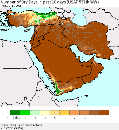 Middle East and Turkey Number of Dry Days in past 10 days (USAF 557th WW) Thematic Map For 8/11/2021 - 8/15/2021