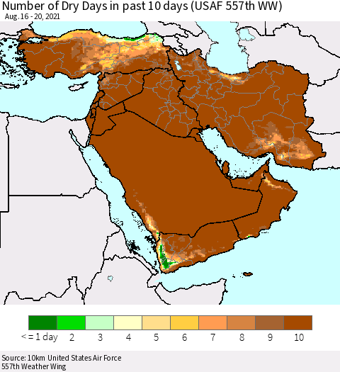 Middle East and Turkey Number of Dry Days in past 10 days (USAF 557th WW) Thematic Map For 8/16/2021 - 8/20/2021