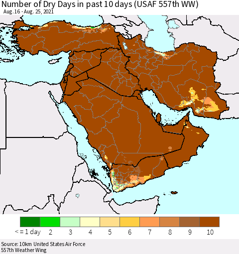 Middle East and Turkey Number of Dry Days in past 10 days (USAF 557th WW) Thematic Map For 8/21/2021 - 8/25/2021