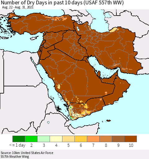 Middle East and Turkey Number of Dry Days in past 10 days (USAF 557th WW) Thematic Map For 8/26/2021 - 8/31/2021