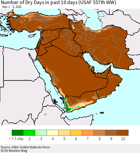 Middle East and Turkey Number of Dry Days in past 10 days (USAF 557th WW) Thematic Map For 9/1/2021 - 9/5/2021
