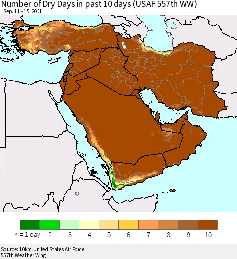 Middle East and Turkey Number of Dry Days in past 10 days (USAF 557th WW) Thematic Map For 9/11/2021 - 9/15/2021
