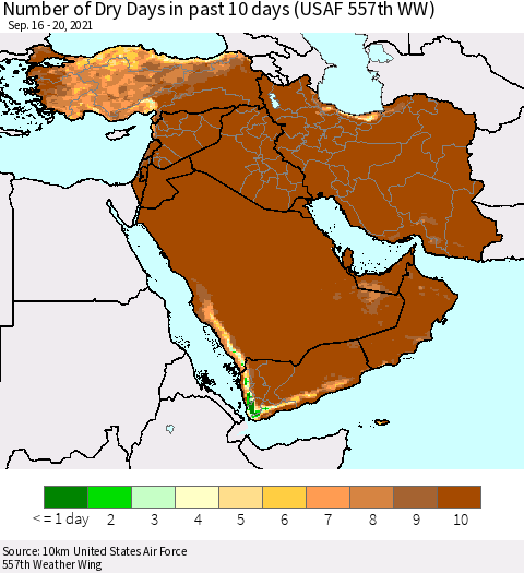 Middle East and Turkey Number of Dry Days in past 10 days (USAF 557th WW) Thematic Map For 9/16/2021 - 9/20/2021