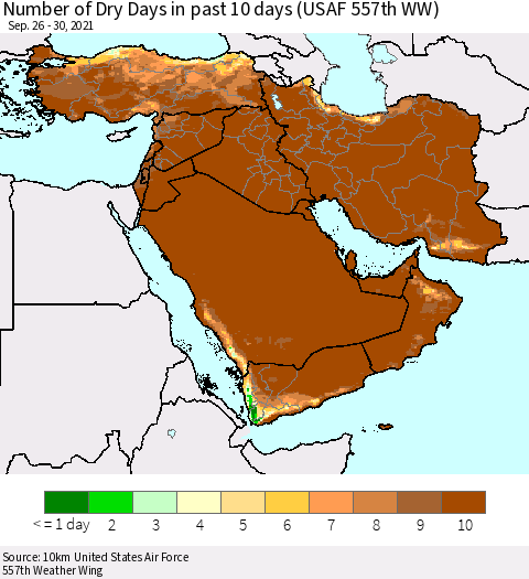 Middle East and Turkey Number of Dry Days in past 10 days (USAF 557th WW) Thematic Map For 9/26/2021 - 9/30/2021