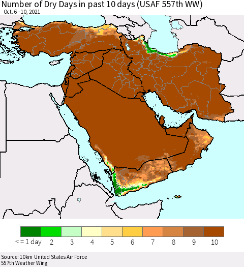 Middle East and Turkey Number of Dry Days in past 10 days (USAF 557th WW) Thematic Map For 10/6/2021 - 10/10/2021