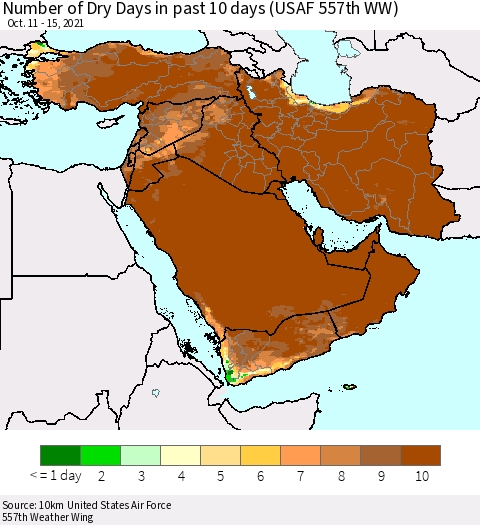 Middle East and Turkey Number of Dry Days in past 10 days (USAF 557th WW) Thematic Map For 10/11/2021 - 10/15/2021