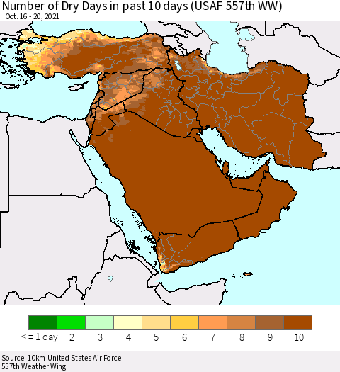 Middle East and Turkey Number of Dry Days in past 10 days (USAF 557th WW) Thematic Map For 10/16/2021 - 10/20/2021