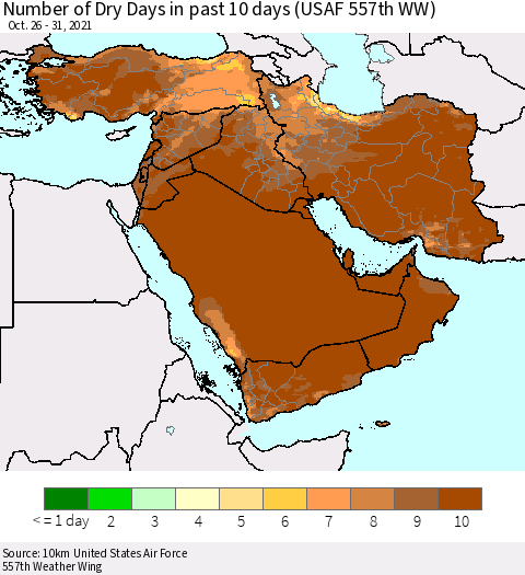 Middle East and Turkey Number of Dry Days in past 10 days (USAF 557th WW) Thematic Map For 10/26/2021 - 10/31/2021