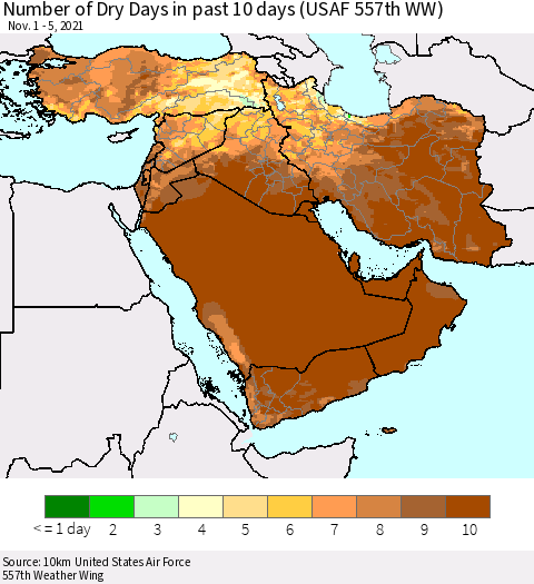 Middle East and Turkey Number of Dry Days in past 10 days (USAF 557th WW) Thematic Map For 11/1/2021 - 11/5/2021