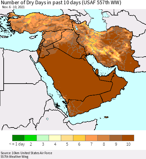 Middle East and Turkey Number of Dry Days in past 10 days (USAF 557th WW) Thematic Map For 11/6/2021 - 11/10/2021