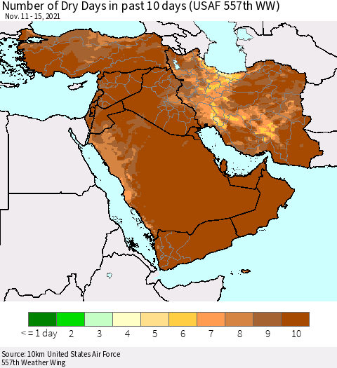 Middle East and Turkey Number of Dry Days in past 10 days (USAF 557th WW) Thematic Map For 11/11/2021 - 11/15/2021