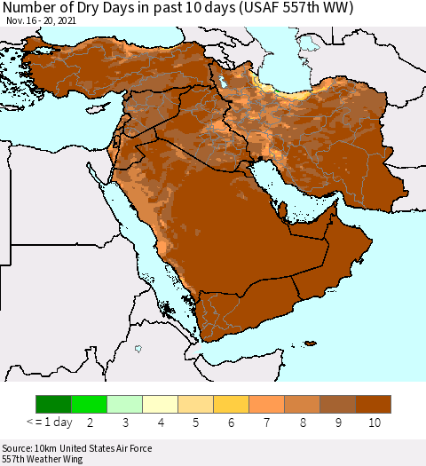 Middle East and Turkey Number of Dry Days in past 10 days (USAF 557th WW) Thematic Map For 11/16/2021 - 11/20/2021